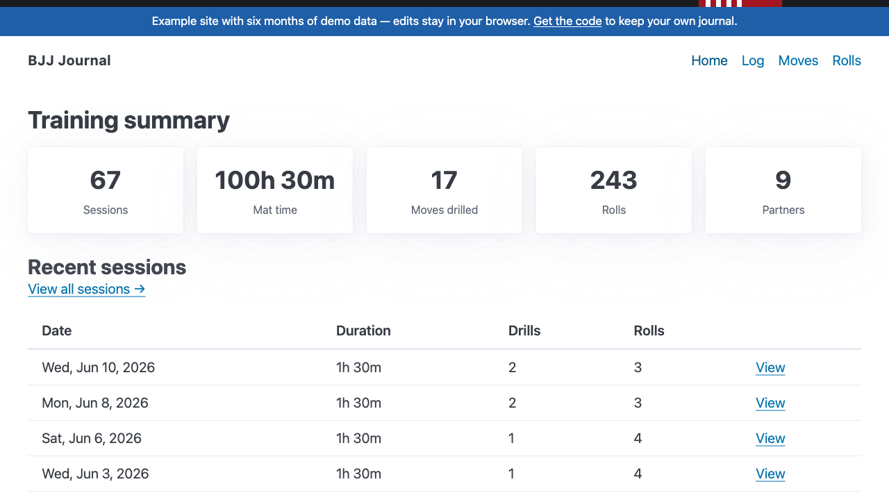 Training summary dashboard showing 67 sessions and 100h 30m of mat time