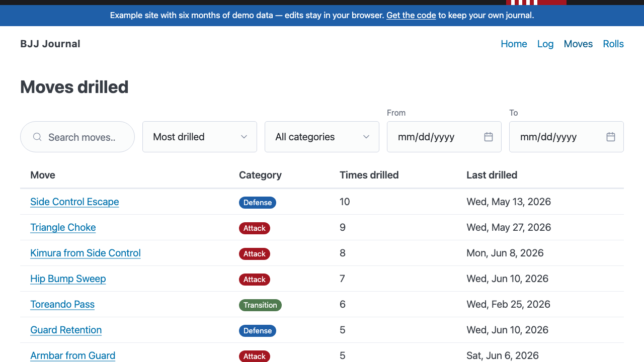 Moves drilled page showing a ranked list with attack, defense, and transition badges