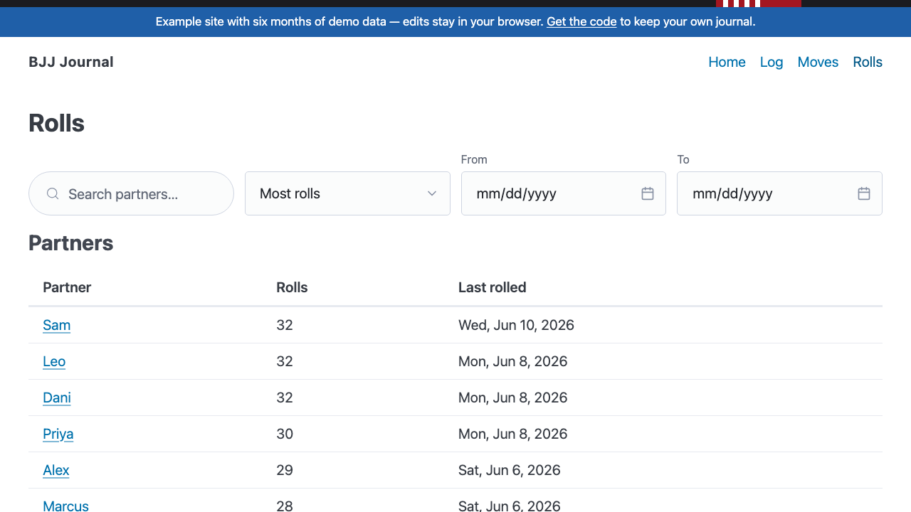 Rolls page showing partner summary with roll counts and last session dates