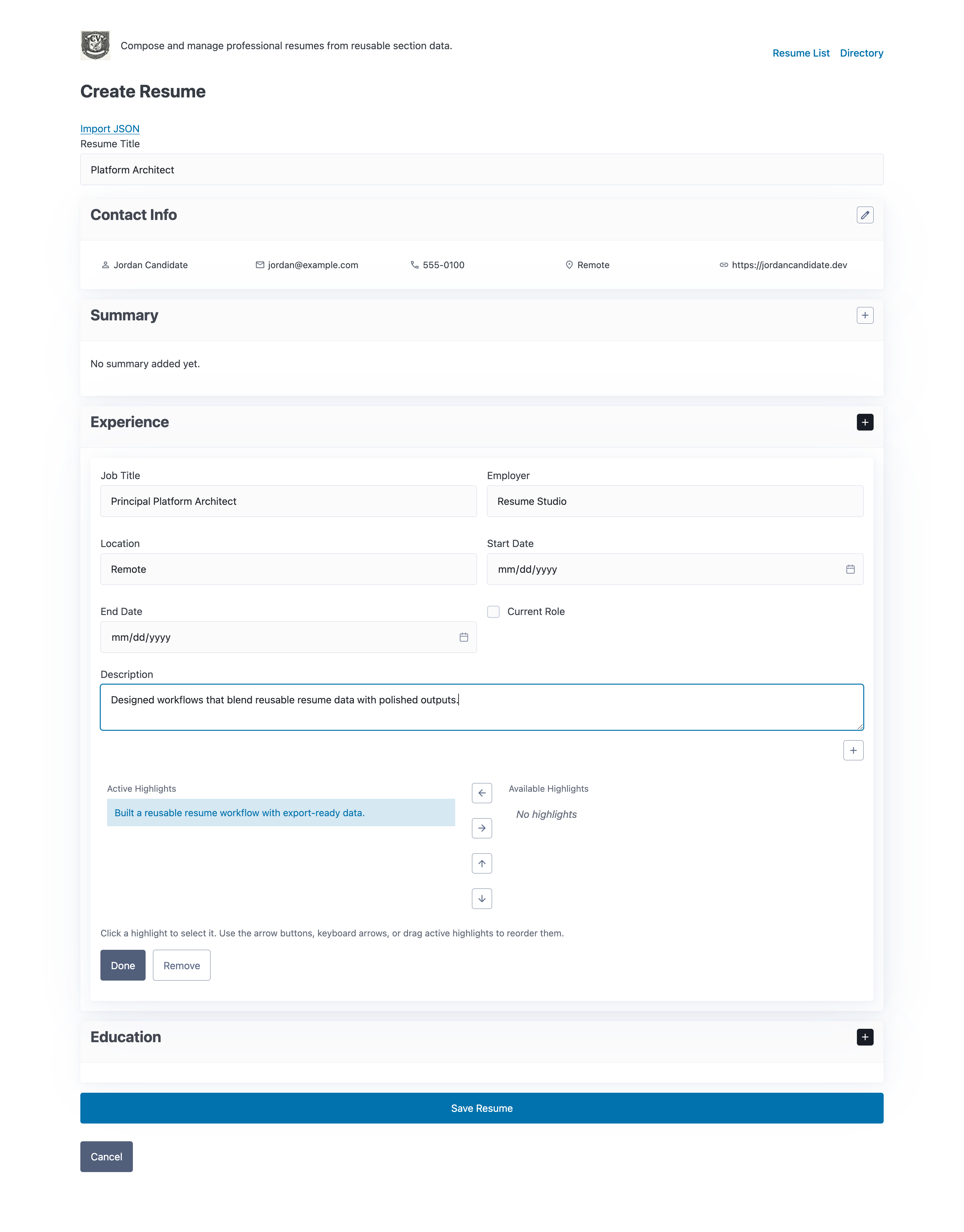 Resume composer filled with structured profile data