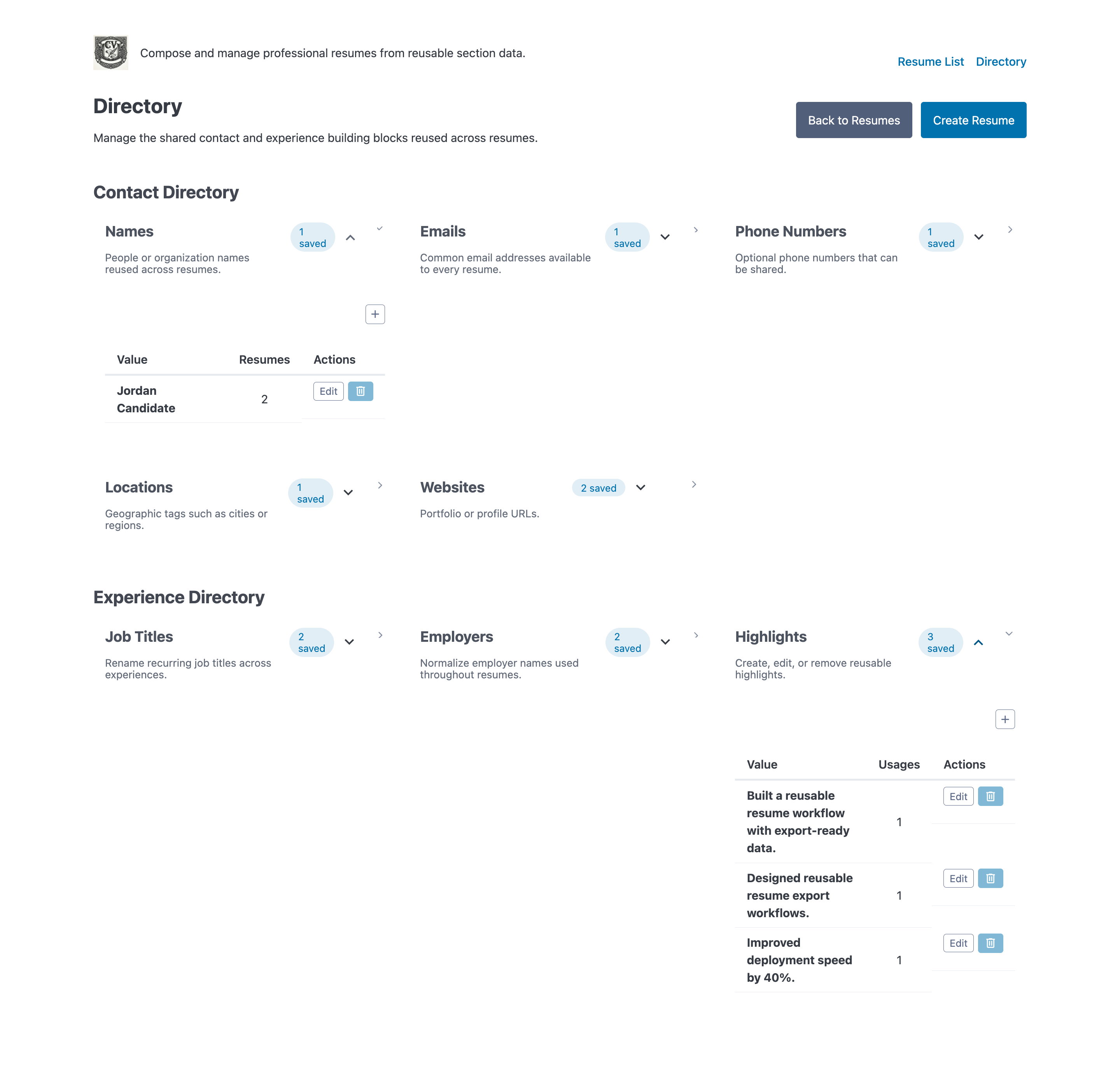 Expanded shared directory tree for resume assets and sections