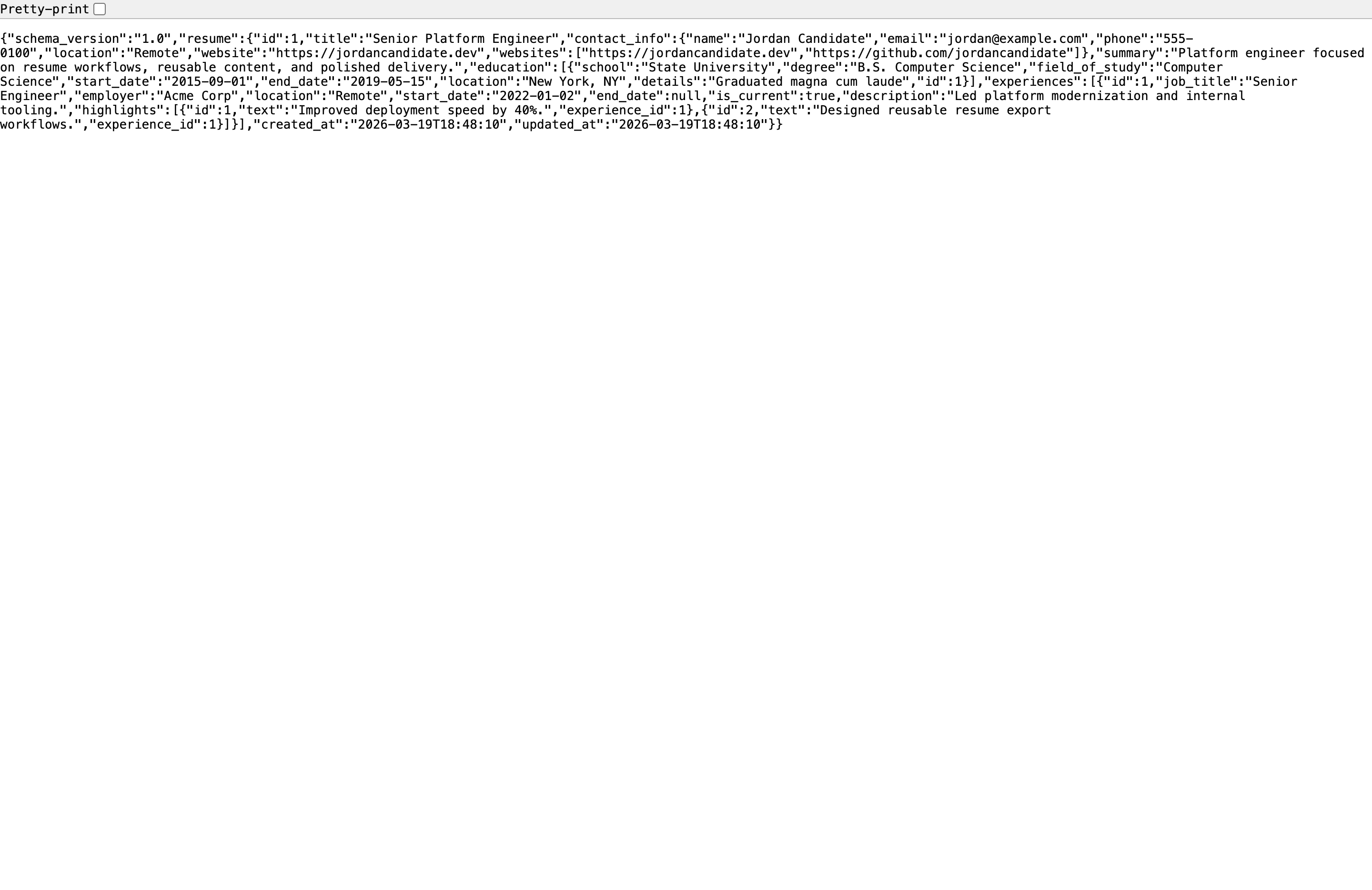 JSON export view showing normalized resume data