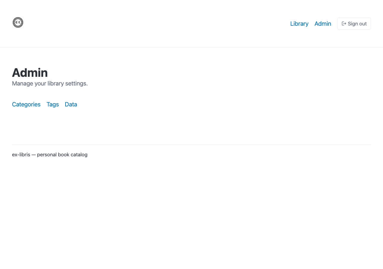 Admin view for categories, tags, and import/export controls