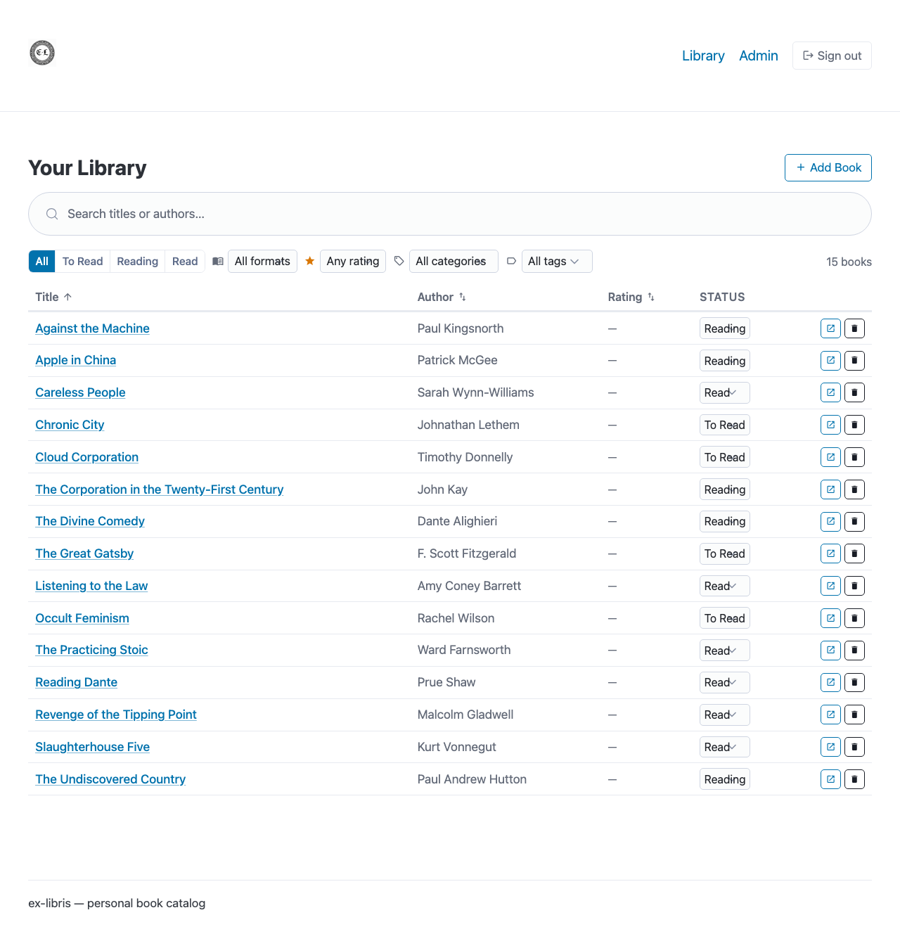 Library view with filters, tags, and sortable columns